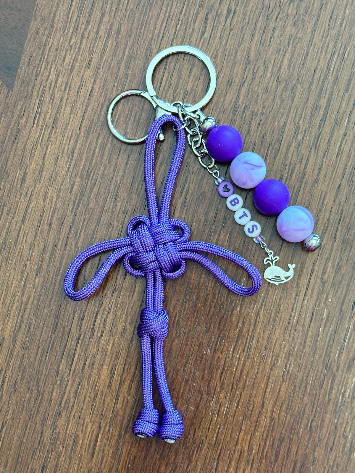 Dongsimgyol Knot, featuring stacked silicone beads - your choice of 'BTS" or Bias - RM, Jin, Suga, J-Hope, Jimin, V, JK. Whale charm featured here, as one of your choices.
